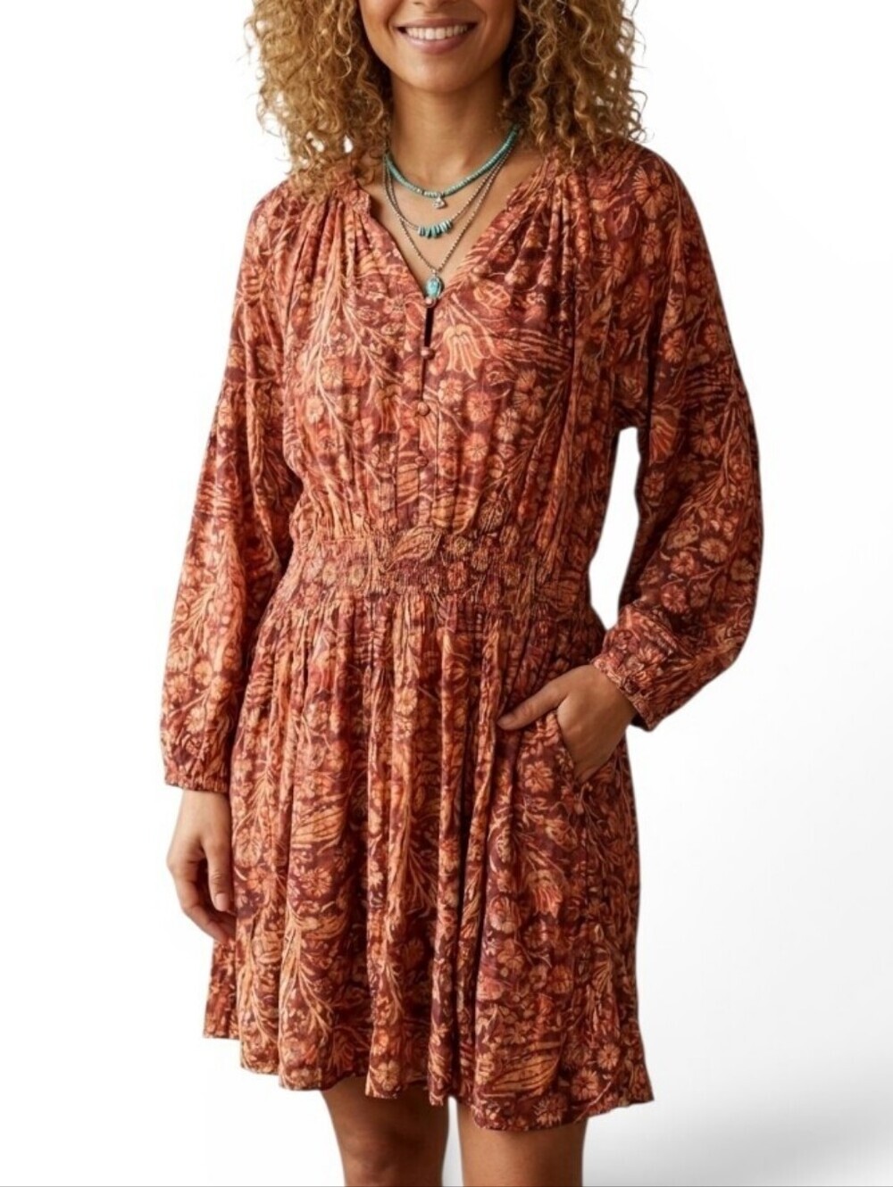 Peruvian Connection Floral Paisley Smocked Waist Midi Dress Rust Large